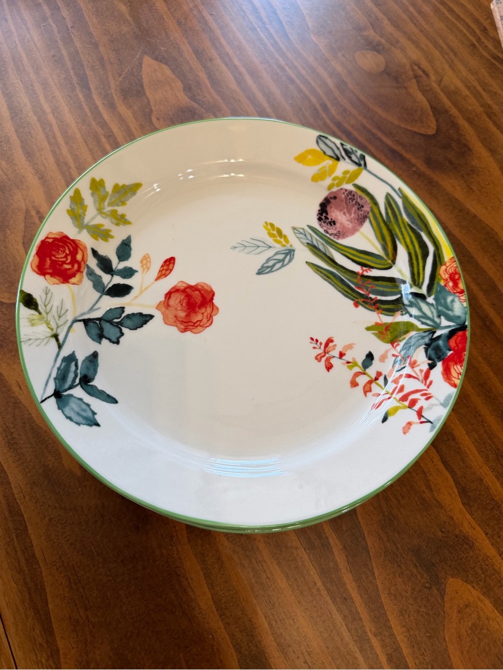 Michele Morin Anthropologie Porcelain Dinner Plate with Green Rim Floral Design